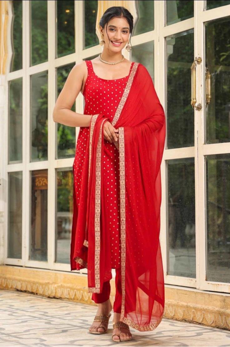 Rayon Foil Printed Straight -Cut Three Piece Kurta Set - Image 12