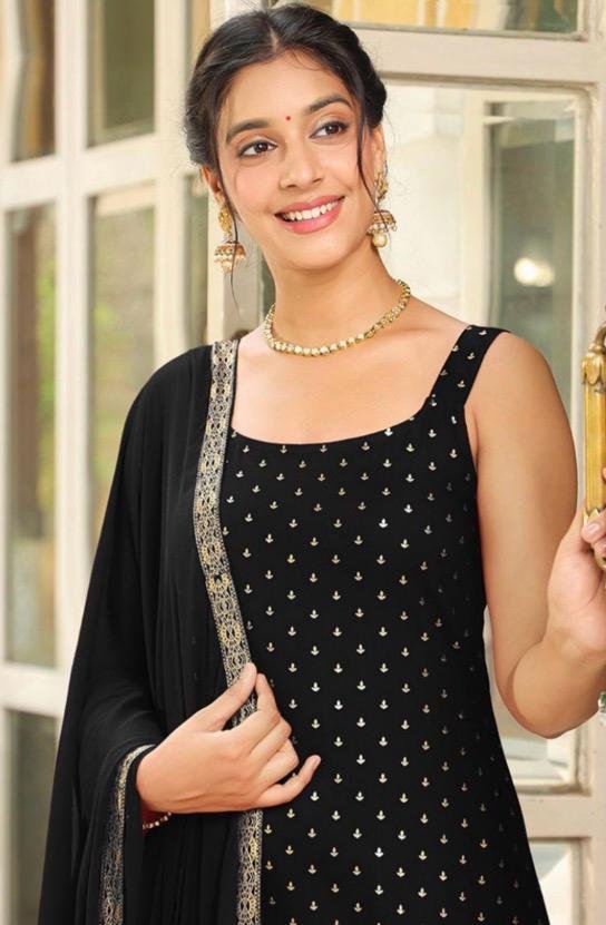 Rayon Foil Printed Straight -Cut Three Piece Kurta Set - Image 2