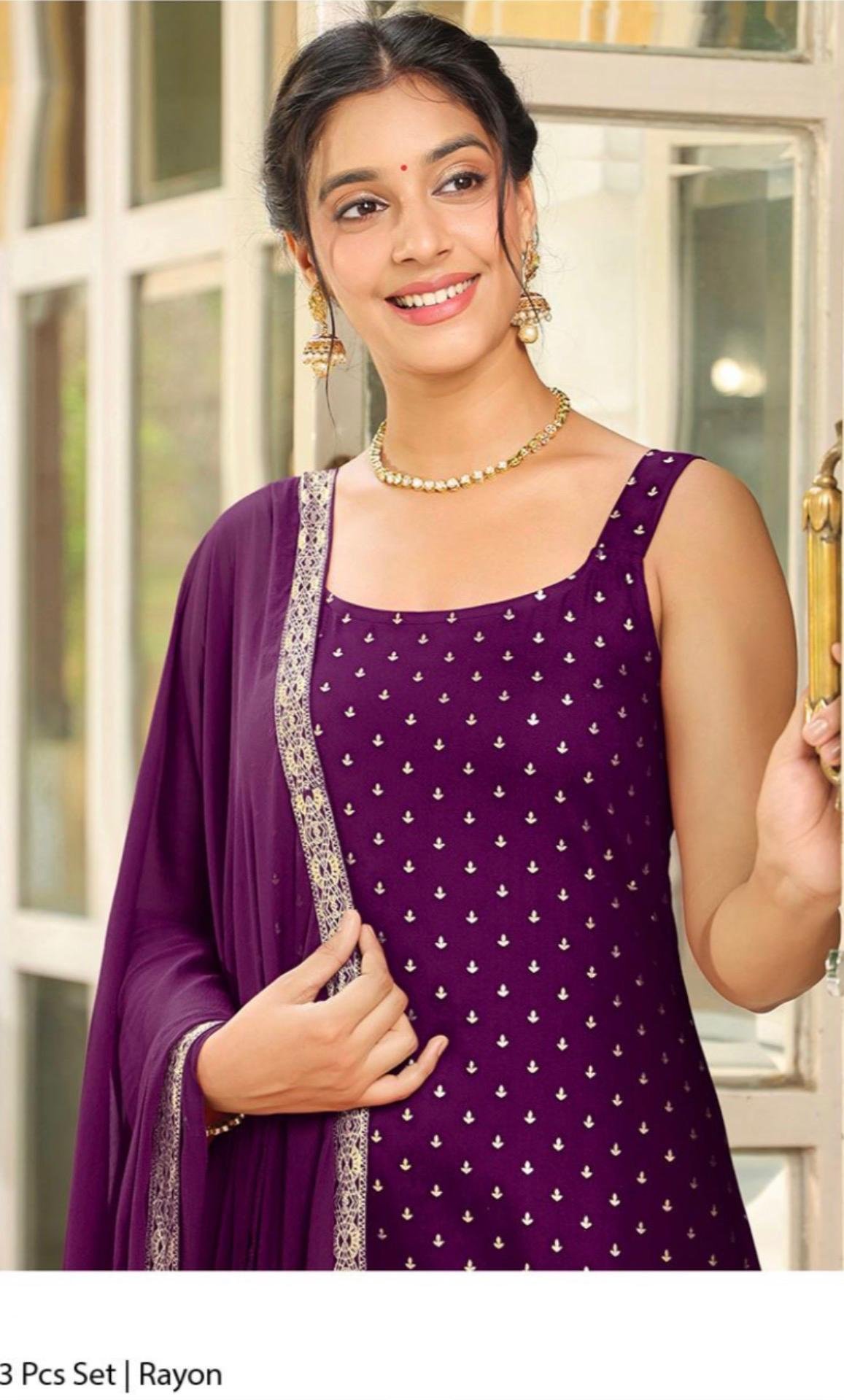 Rayon Foil Printed Straight -Cut Three Piece Kurta Set - Image 9
