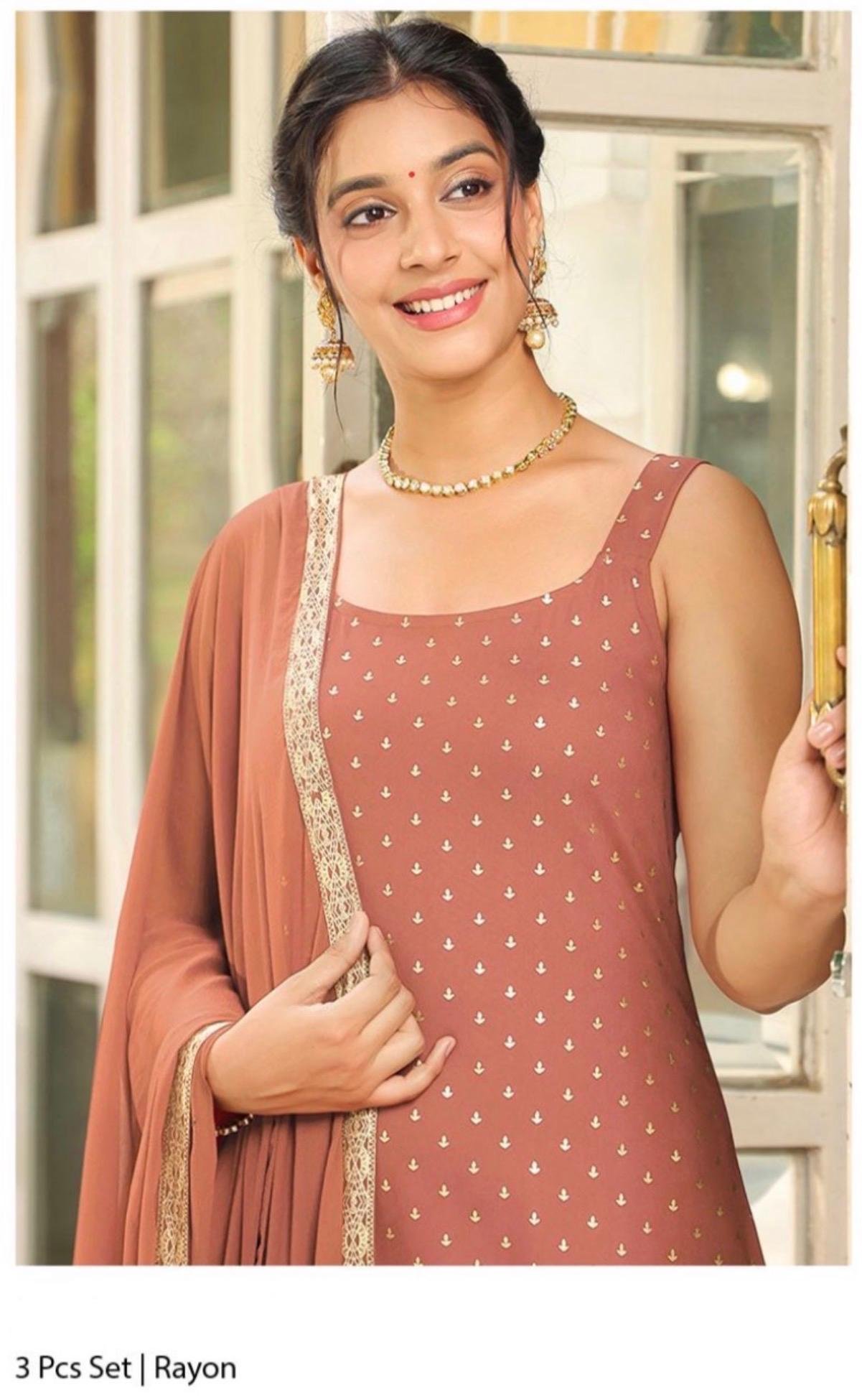 Rayon Foil Printed Straight -Cut Three Piece Kurta Set - Image 6