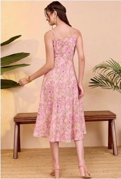 Rose Pink Pure Cotton Floral Printed A-line Dress - Image 3