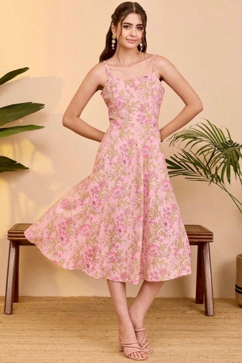 Rose Pink Pure Cotton Floral Printed A-line Dress