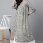 Sage Green Floral Printed A-Line Kurta Dress