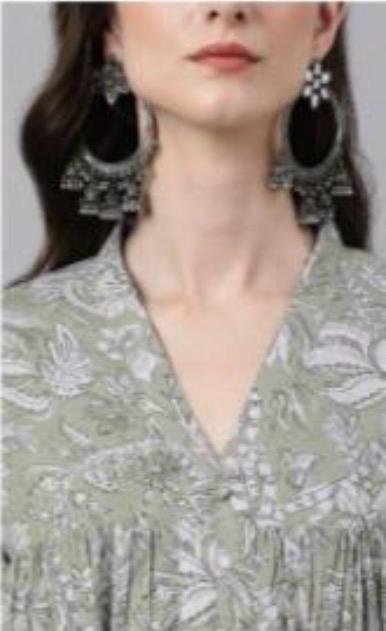 Sage Green Floral Printed A-Line Kurta Dress - Image 3