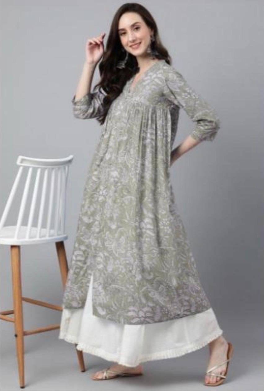 Sage Green Floral Printed A-Line Kurta Dress