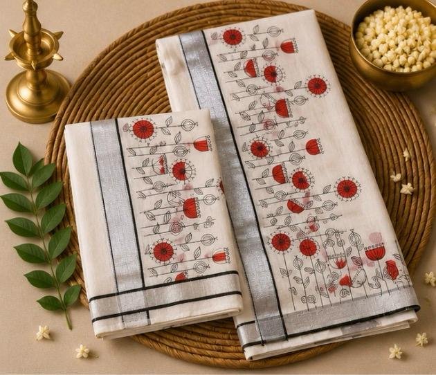 Scarlet Bloom Silver Kasavu Mundu Set