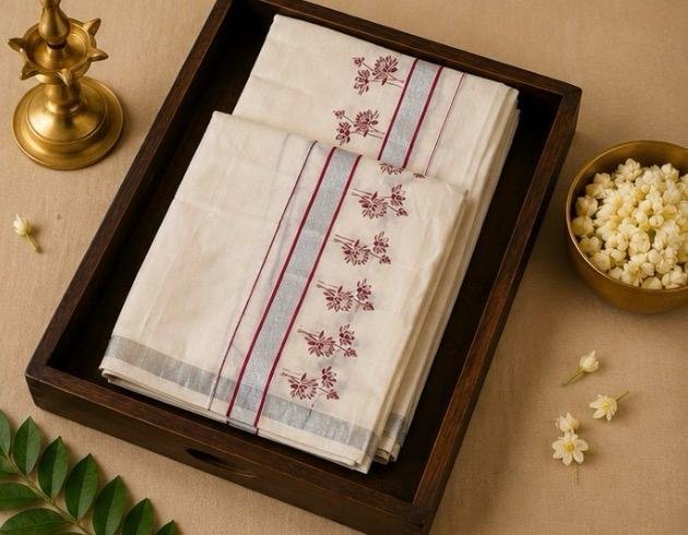 Silver Lotus Grace Kasavu Mundu Set