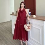 Sleeveless Pleated Bow-Neck Resort Maxi Dress