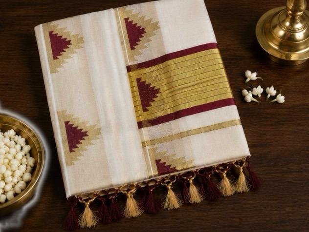 Traditional Kerala Kasavu Saree with Maroon Border