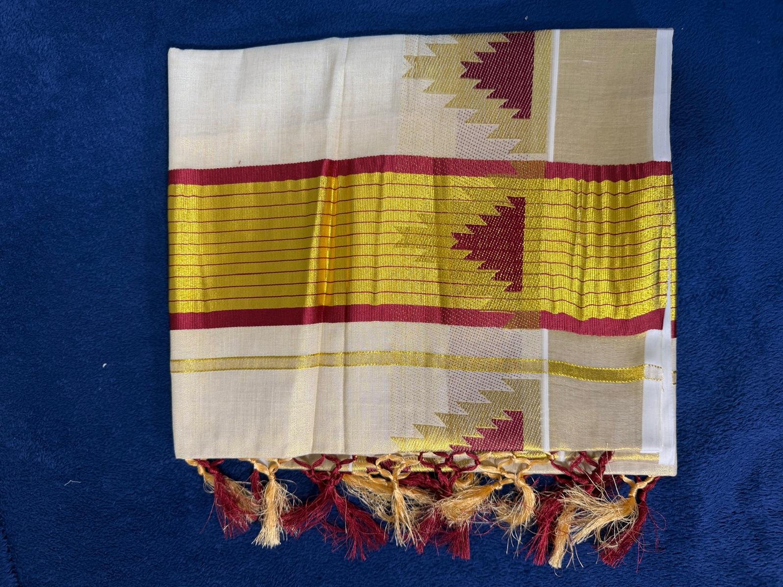 Traditional Kerala Kasavu Saree with Maroon Border - Image 2