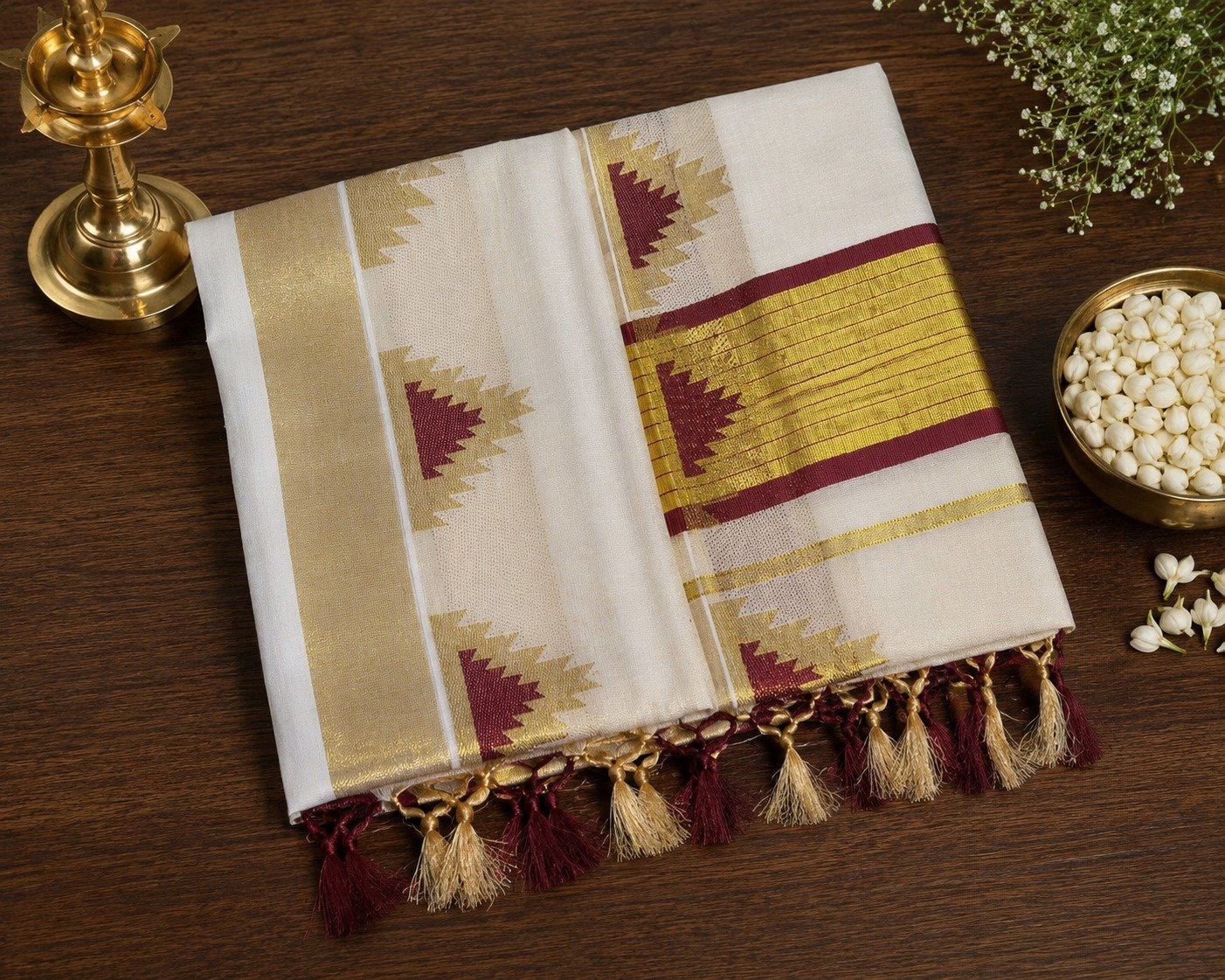 Traditional Kerala Kasavu Saree with Maroon Border - Image 4
