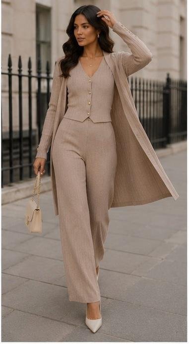 Women's Elegant Ribbed Knit 3-Piece Co-Ord Set - Image 9