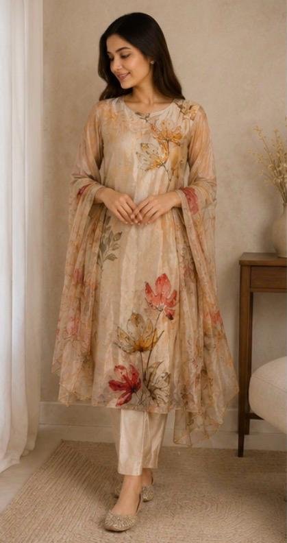 Autumn Bloom Hand Embellished Silk Blend 3-Piece Suit Set - Image 5