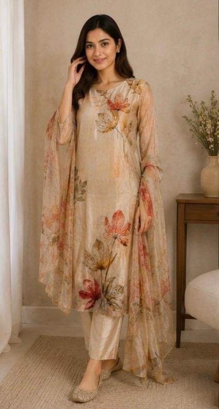 Autumn Bloom Hand Embellished Silk Blend 3-Piece Suit Set