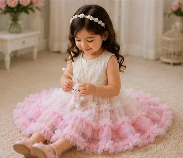 Blush Blossom Layered Tulle Party Dress with Teddy Sling Bag