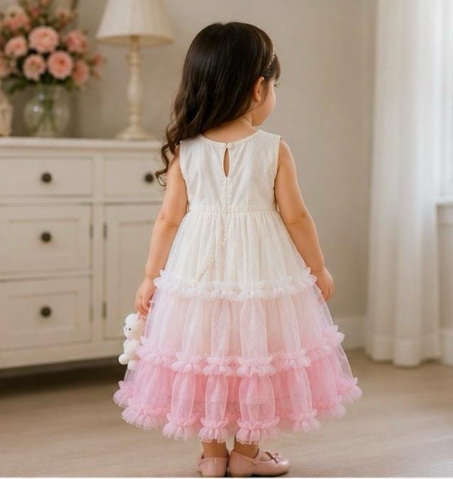 Blush Blossom Layered Tulle Party Dress with Teddy Sling Bag - Image 3