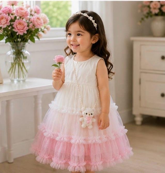 Blush Blossom Layered Tulle Party Dress with Teddy Sling Bag - Image 2