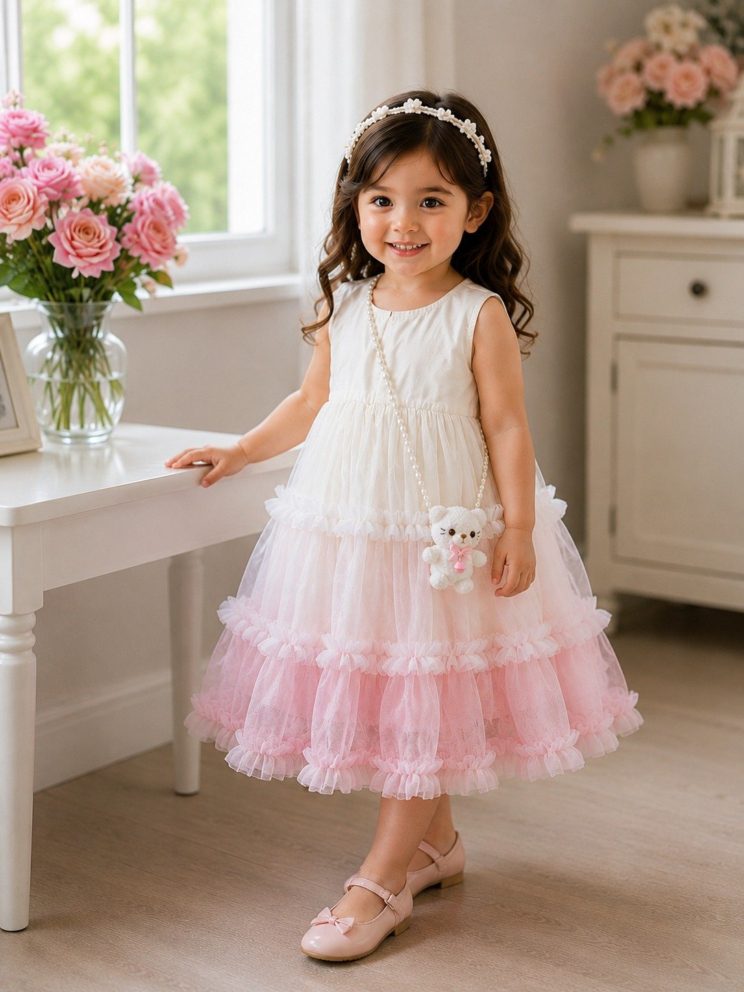 Blush Blossom Layered Tulle Party Dress with Teddy Sling Bag - Image 5