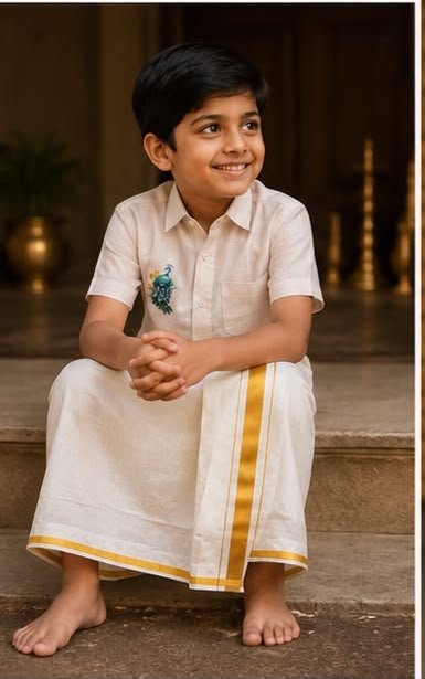 Boys Kerala Traditional Ethnic Wear – White Kasavu Mundu & Off-White Shirt - Image 3