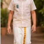 Boys Kerala Traditional Ethnic Wear – White Kasavu Mundu & Off-White Shirt