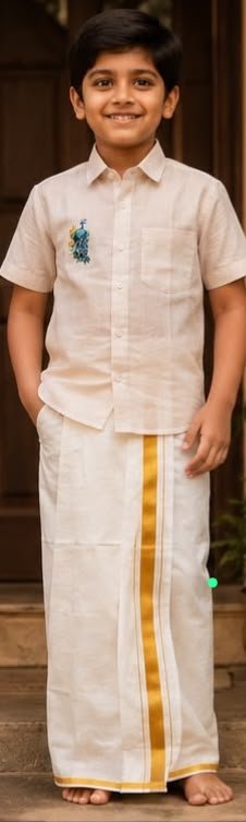 Boys Kerala Traditional Ethnic Wear – White Kasavu Mundu & Off-White Shirt - Image 2