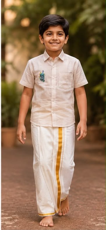 Boys Kerala Traditional Ethnic Wear – White Kasavu Mundu & Off-White Shirt