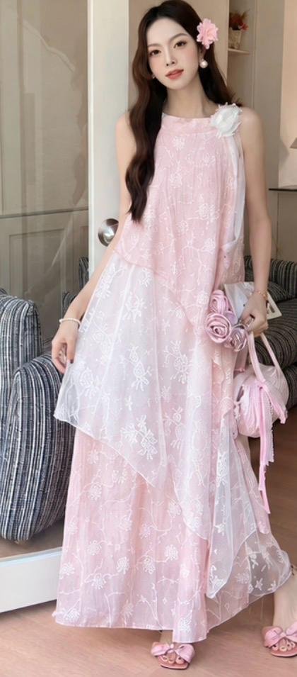 Elegant Floral Embroidered Layered Maxi Dress