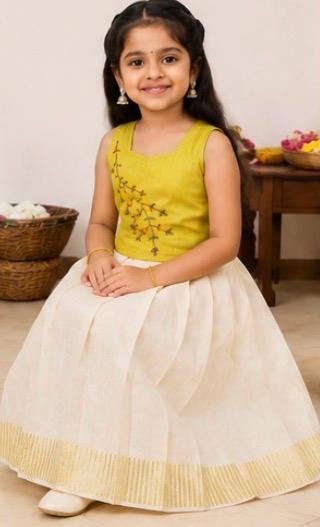Girls Mustard Yellow Embroidered Blouse with Kerala Pattu Pavada Set - Image 4