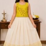 Girls Mustard Yellow Embroidered Blouse with Kerala Pattu Pavada Set