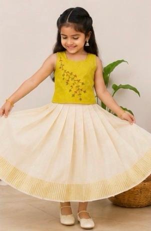 Girls Mustard Yellow Embroidered Blouse with Kerala Pattu Pavada Set - Image 3