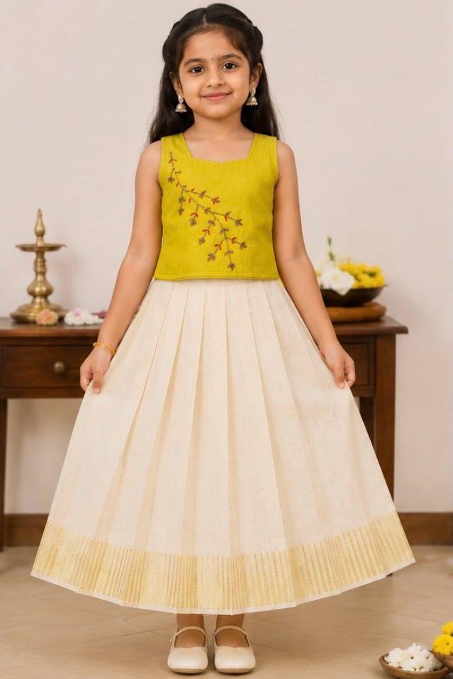Girls Mustard Yellow Embroidered Blouse with Kerala Pattu Pavada Set