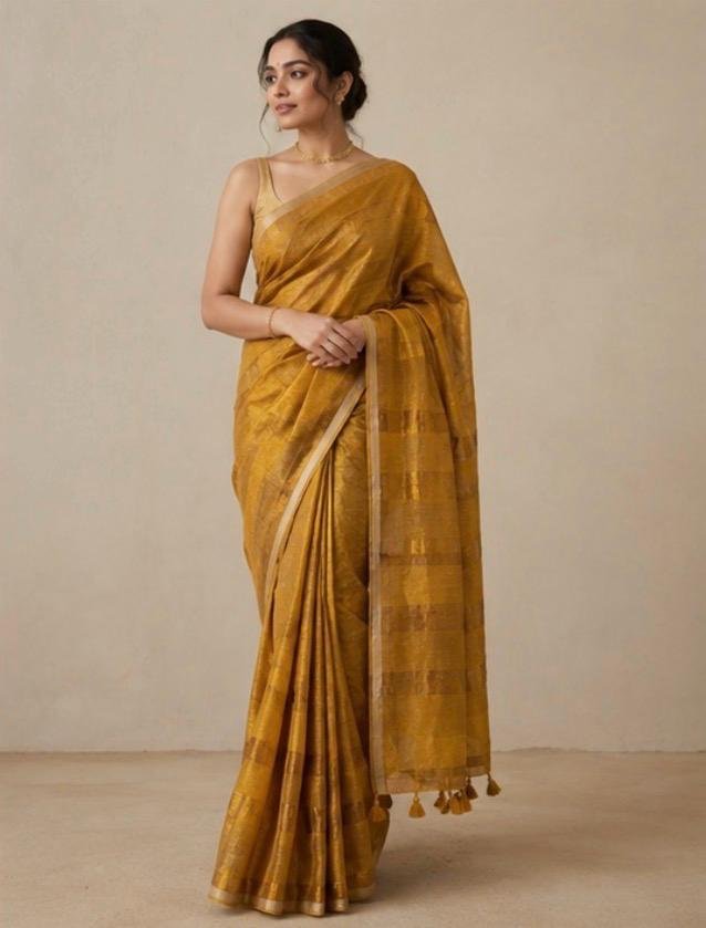 Golden Glow Tissue Cotton Saree with Soft Cream Border