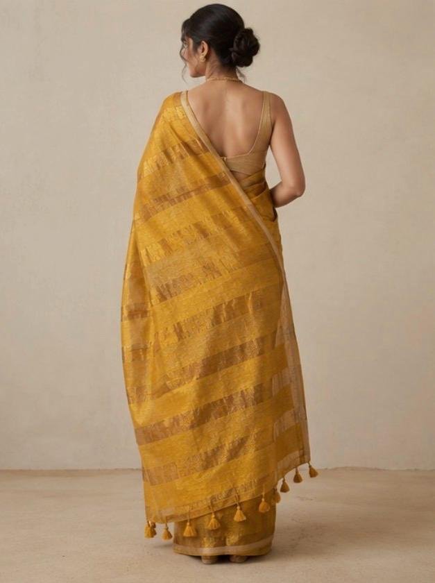 Golden Glow Tissue Cotton Saree with Soft Cream Border - Image 4