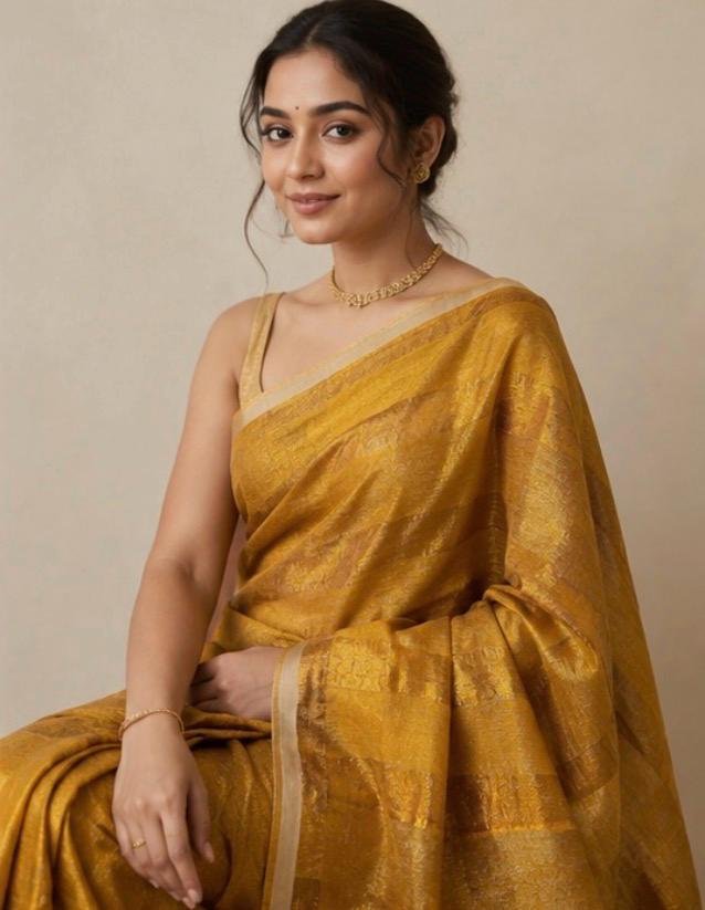 Golden Glow Tissue Cotton Saree with Soft Cream Border - Image 3