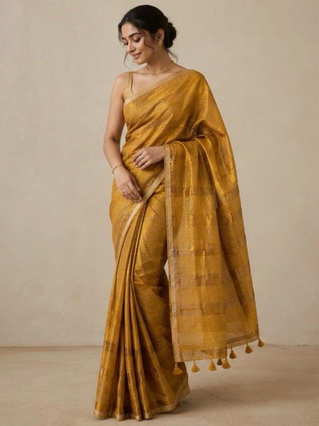Golden Glow Tissue Cotton Saree with Soft Cream Border - Image 2