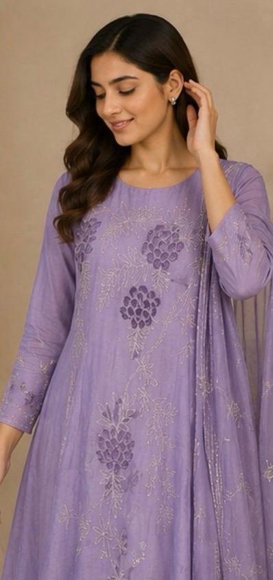 Lavender Bloom Embroidered Anarkali Suit Set with Embroidered Organza Dupatta - Image 4