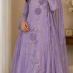 Lavender Bloom Embroidered Anarkali Suit Set with Embroidered Organza Dupatta
