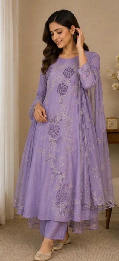 Lavender Bloom Embroidered Anarkali Suit Set with Embroidered Organza Dupatta