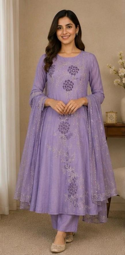 Lavender Bloom Embroidered Anarkali Suit Set with Embroidered Organza Dupatta - Image 2