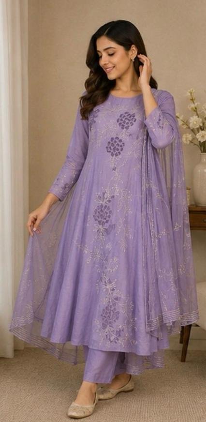 Lavender Bloom Embroidered Anarkali Suit Set with Embroidered Organza Dupatta - Image 5