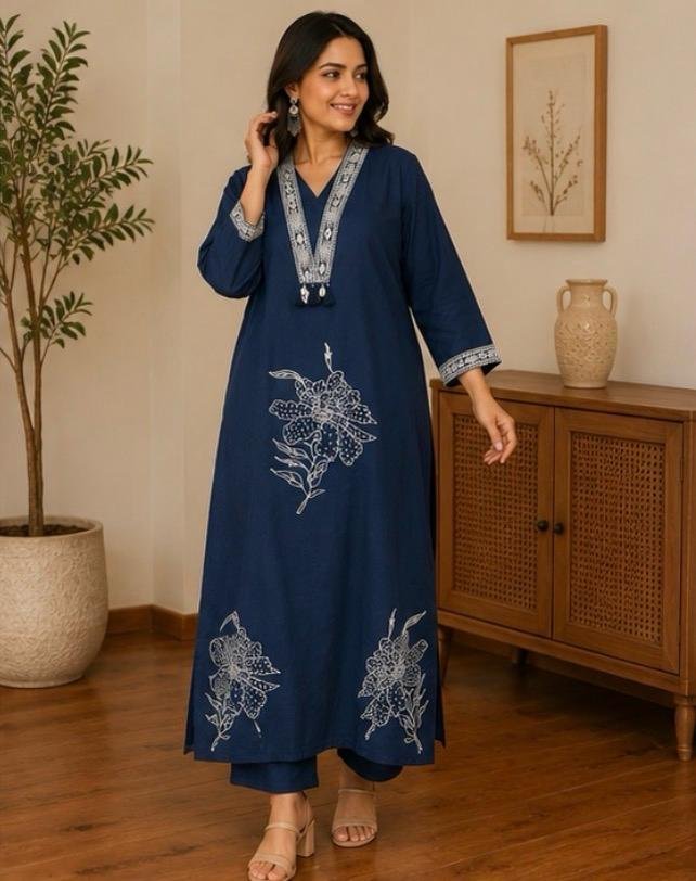 Midnight Bloom Embroidered Cotton Kurta Set - Image 4