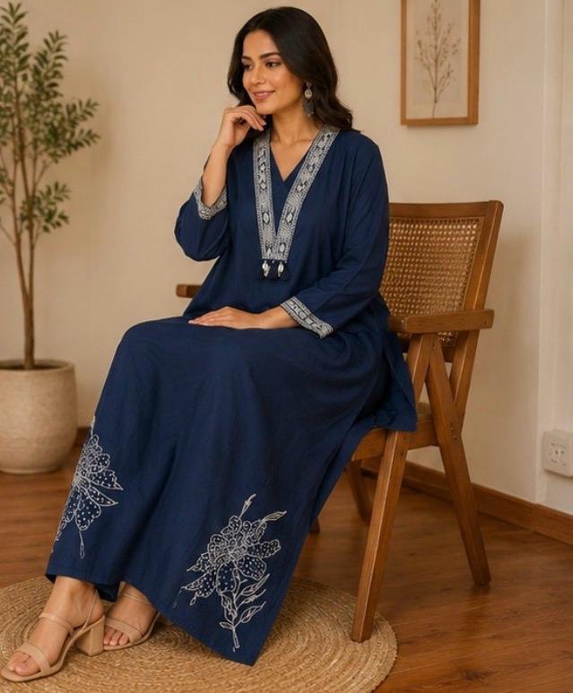 Midnight Bloom Embroidered Cotton Kurta Set - Image 2