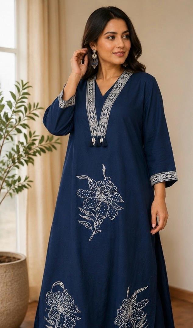 Midnight Bloom Embroidered Cotton Kurta Set