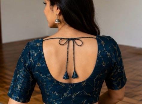 Navy Blue Embroidered Readymade Saree Blouse - Image 3