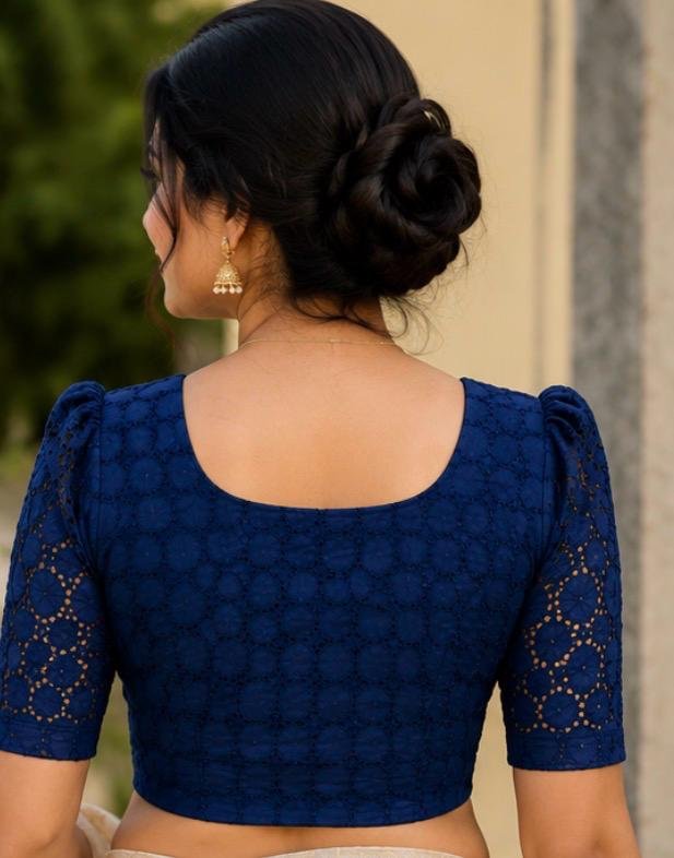 Navy Blue Schiffli Embroidered Readymade Saree Blouse - Image 2