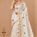 Premium Kerala Kasavu Cotton Silk Saree with Floral Embroidery & Golden Zari Border