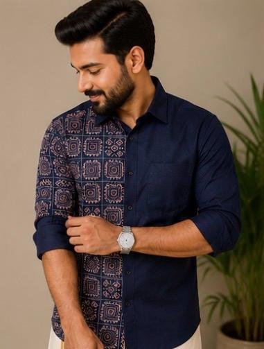 Premium Navy Designer Printed Shirt with Kerala Kasavu Dhoti Combo - Image 4