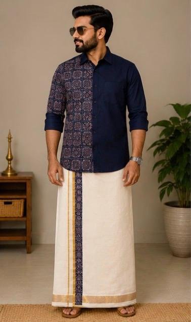 Premium Navy Designer Printed Shirt with Kerala Kasavu Dhoti Combo - Image 3