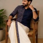 Premium Navy Designer Printed Shirt with Kerala Kasavu Dhoti Combo