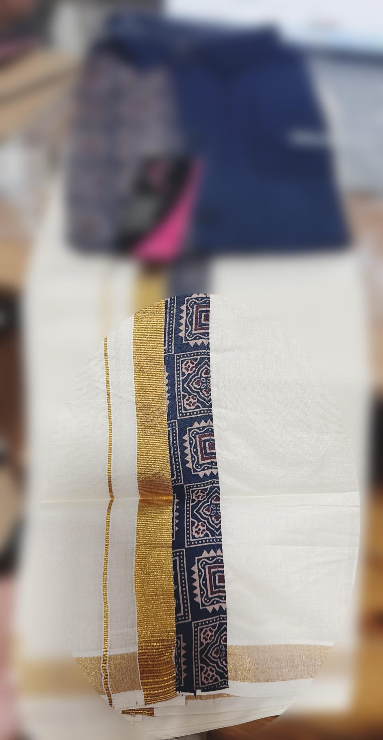 Premium Navy Designer Printed Shirt with Kerala Kasavu Dhoti Combo - Image 5